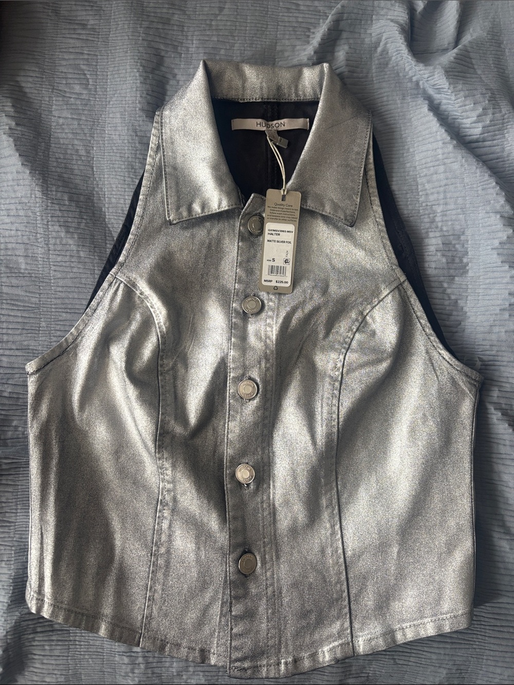 Hudson Jeans Silver Metallic Button-Front Sleeveless Vest